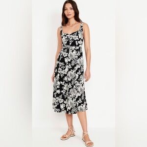 NWT Old Navy Floral Black & White Midi Euro Summer Dress Linen Fit & Flare Small